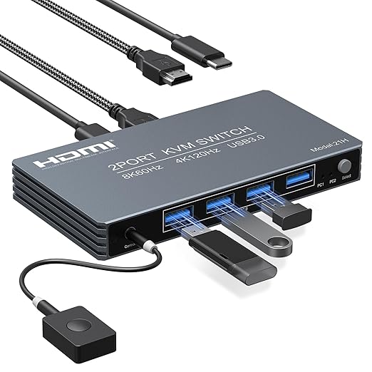 4K@120Hz HDMI Kvm Switch 1 Monitors 2 Computers 8K@60Hz Monitor KVM Switches, 4 USB3.0 Ports for 2 PC Share Mouse Keyboard Support PoC EDID Button Switch Plug and Play Zero Latency