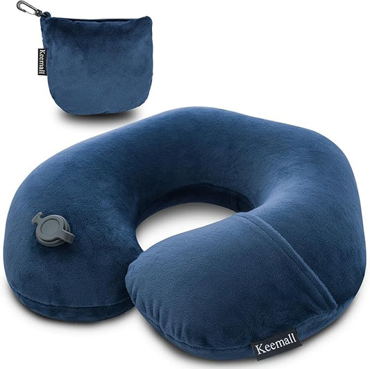 Keemall Travel Neck Pillow for Airplane, Compact Inflatable Neck Pillow for Traveling Long Flights, Adjust Firmness Neck Suport Pillow for Sleeping Plane Head Rest for Travel Accessories,Deep Blue