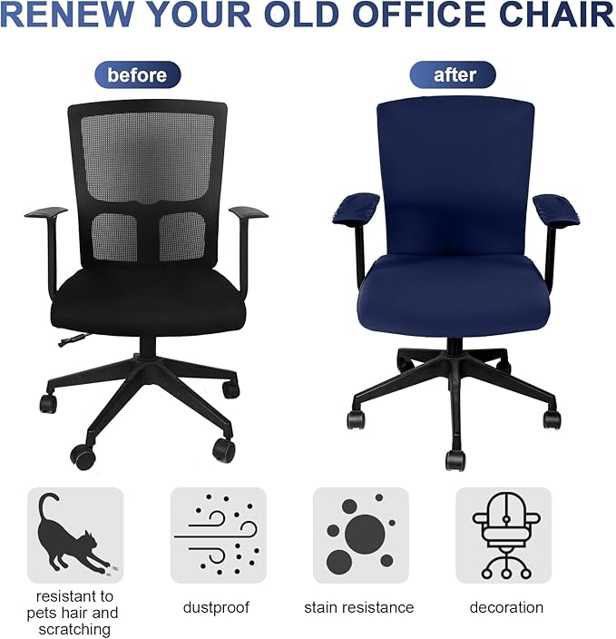 Tallew 4 Pcs Office Chair Covers Set Computer Universal Protective Stretchable Chair Seat Covers Desk Armrest Cover Pads Office Cushion Backrest for Rotating(Regular,Navy Blue)