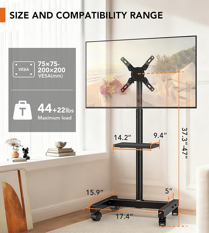 Mobile TV Floor Stand for 13-50 inch LCD LED Flat/Curved Panel Screen TVs up to 44 lbs, Height Adjustable TV Stand Mount with Tilt VESA 200x200, Portable TV Stand with Shelf HT2007BM
