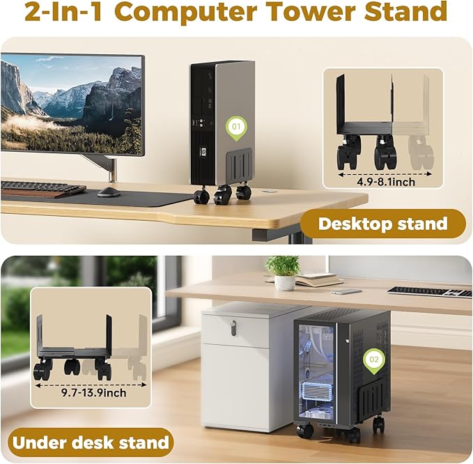 JOY worker Computer Tower Stand, 4.9 to 13.9 inch Wide Adjustable Mobile PC Cart with 5 Wheels, Steel Tower Floor Stand Holds Up to 66 lbs, Rolling Gaming CPU Holder Under Desk, Black
