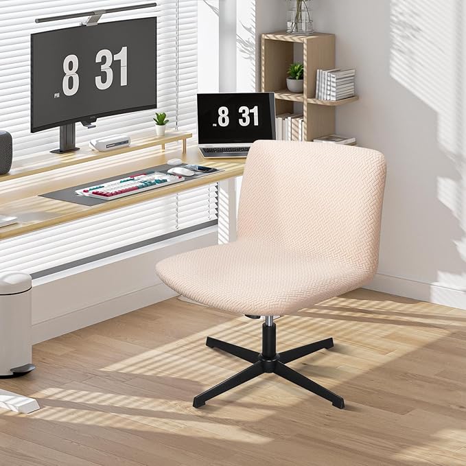 Armless Chair Cover, Beige Office Criss Cross Desk Vanity Computer Task Chair Cover, Washable Modern Jacquard Wide Seat Swivel Cross Legged Office Chair Slipcovers（Only Covers, No Chairs）