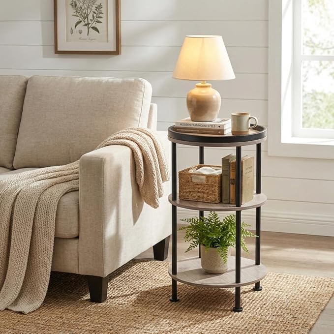 Small Round Side Table, Oak Round End Table for Living Room & Bedroom, Modern 3-Tier Nightstand with Storage Shelf, 11.8" Narrow Accent Table for Small Spaces, Nursery, Plant Stand,Natural Wood Finish