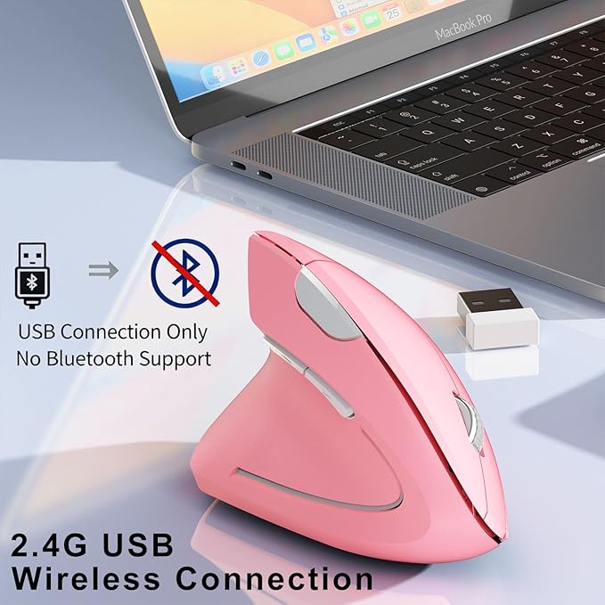 Left Handed Mouse,Left Handed Ergonomic Mouse, 2.4G USB Wireless Left Handed Vertical Mouse, Adjustable DPI(800/1200/1600),6 Buttons for PC,Mac,Laptop,Windows,Desktop – Pink