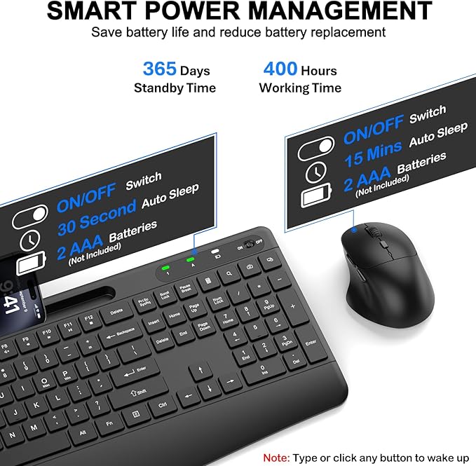 Ergonomic Wireless Keyboard and Mouse Combo, Full-Size Silent Keyboard with Wrist Rest & Phone Holder, 3 DPI Adjustable Mouse, 2.4G Lag-Free Cordless, Long Battery Life for PC Laptop Mac Windows