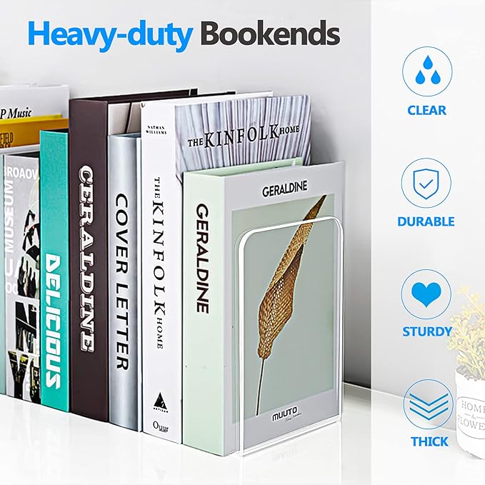 MaxGear Acrylic Bookends - Clear Decorative Heavy Duty Non-Skid Book Stoppers (6 Pieces, Large)