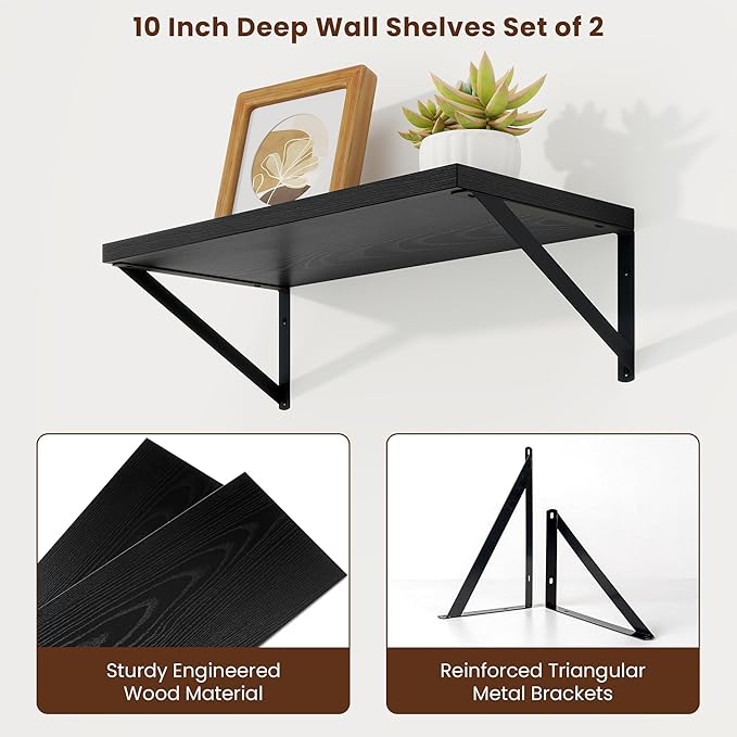 Axeman Deep Floating Shelves | 20 Inch Black Wall Shelves Set of 2 | 10 Inch Deep Rustic Wood Shelves for Wall | 20'' W x 10''D Black Shelves for Living Room Bathroom Kitchen