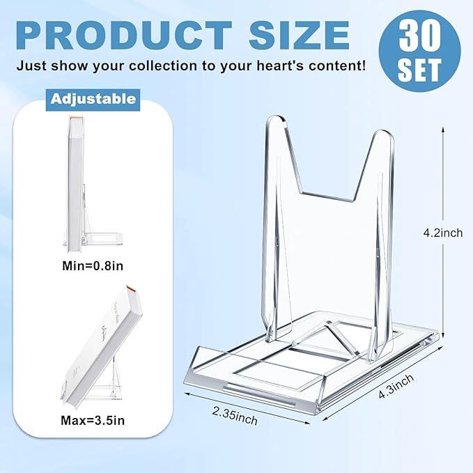Hushee 30 Pack Acrylic Book Stand for Display Adjustable Clear Book Display Holder Easel Rack Stand for Home Office Back to School Library Bookshelf Comic Album CD Magazine Postcard Artworks
