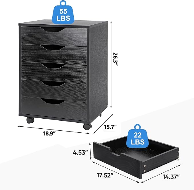 SUPER DEAL 5 Drawer File Cabinet for Home Office, Wood Under Desk Filing Cabinet Mobile Printer Stand Rolling Storage Organizer with Lockable Casters for Apartment Small Spaces, Black