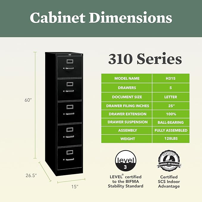 HON 5 Drawer Vertical File Cabinet with Lock, Metal Filing Cabinets with 5 Drawers for Hanging Files and Letter Files, 26.5" Deep, Black