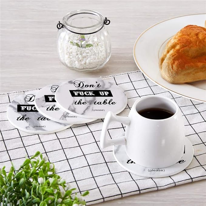 Funny Coasters, 6 Pcs Leather Coasters with Holder, Perfect Housewarming Hostess Gifts, Protect Furniture from Water Marks Scratch and Damage(6Pcs, White Marble)