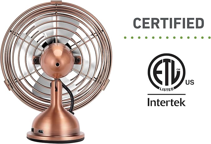 HOLMES 4" Mini Heritage Desk Fan, USB-Powered, Single Speed, 4 Blades, Adjustable 100° Head Tilt, Metal Construction, Ideal for Home, Dorm Rooms, Bedrooms, Office or Travel, Vintage Brushed Copper