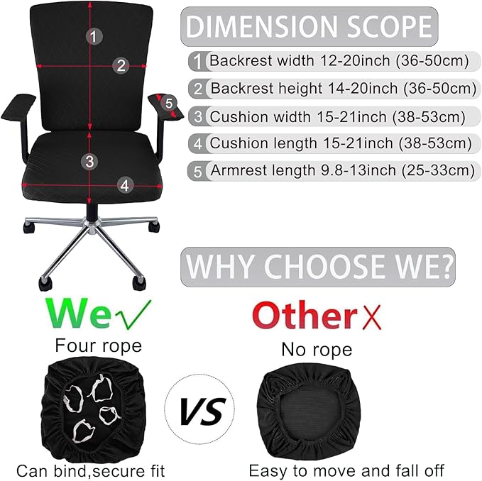 4 Pcs Office Chair Cover Set with 4 Extra Elastic Straps Universal Protective Office Chair Covers Stretchable Desk Chair Cover Office Armrest Cushion Backrest for Rotating Chair (Black)