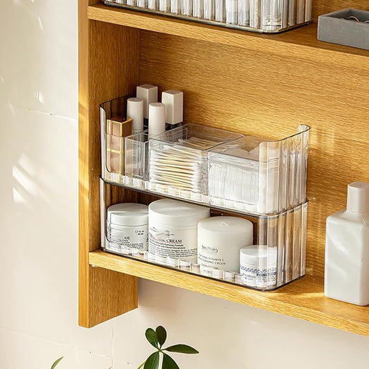 2-Tier Medicine Cabinet Shelves Organizer, Makeup Storage Holder Compartments, Shelf Trays for Bathroom Cabinet Wall, Counter, Vanity, Kitchen - Clear