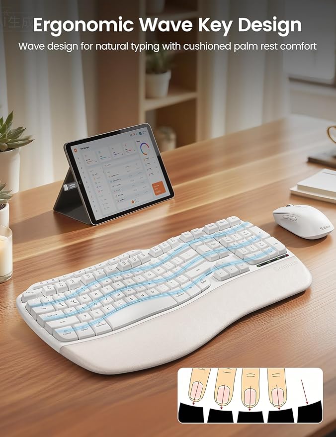 White Ergonomic Wireless Keyboard and Mouse Combo, 2.4G Full Size Ergo Wave Key Board with Cushioned Plam Rest, Natural Typing, 3 DPI Adjustable Silent Mouse for Computer/Laptop/Windows/Mac - Sablute