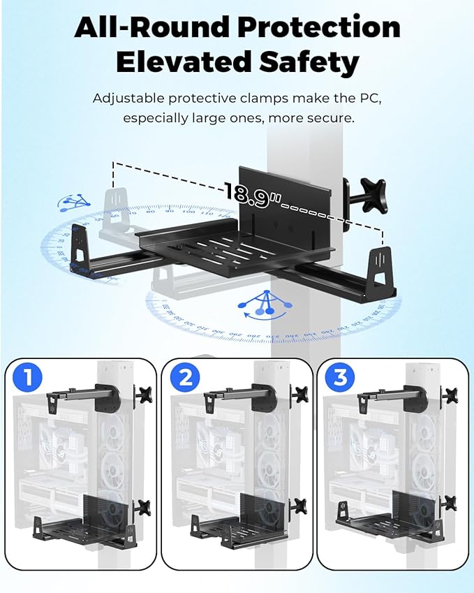 JOY worker Upgraded Under Desk PC Mount for Standing Desk, Clamp-On Desk Leg Computer Mount with Extra Protective Arms, Adjustable Computer Case CPU Holder Holds Up to 44lbs, Black