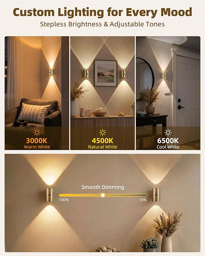 EZVALO Motion Sensor Wall Sconce with Remote, Battery Operated 4000mAh Rechargeable Wall Light, 3 Color Temperatures & 12 RGB, Up & Down LED Lighting for Hallway, Stairway (Brass Gold, 1 Pack)