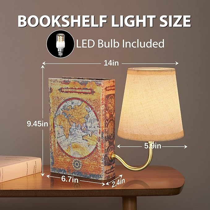 Gold Warm Light Vintage Bookshelf Lamp Rechargeable, Cordless Bookcase Lamp with Linen Shade, Dimmable Touch Control Table Lamp, Modern Decorative Bookend, Bookshelf Lights for Office Home