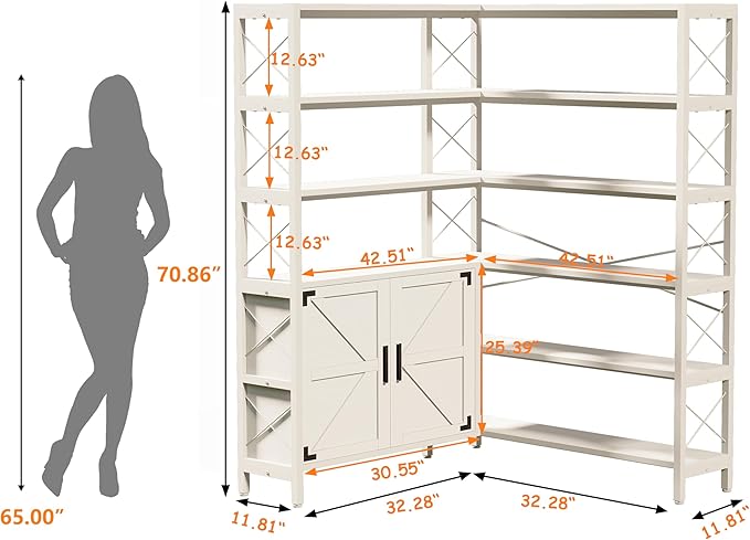 Wildhome 6-Shelf Corner Bookshelf, Vintage Industrial Corner Shelf Etagere Bookcase, Large Book Shelf with Metal Frame Open Storage Corner Cabinet (White-Lockers, Large)
