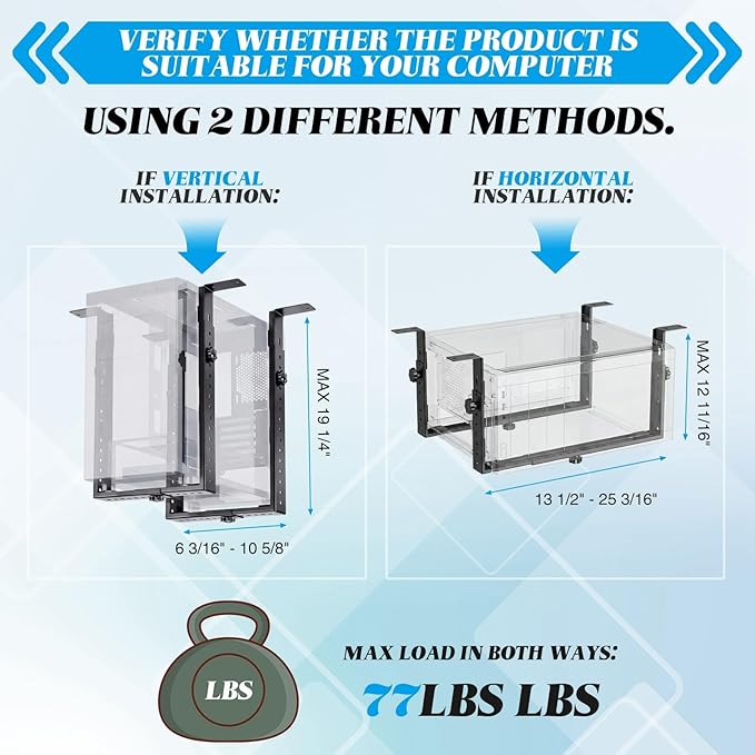 Under Desk PC Mount for Medium/mini-Tower Cases - Vertical/Horizontal CPU Holder up to 77 Lbs, Space-Saving Computer Rack