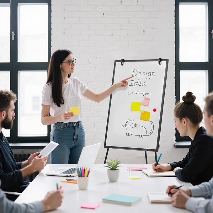 DUMOS Whiteboard Easel 36 x 24 Inches, Magnetic White Board Dry Erase, Porbable Boards Height Adjustable, Dry Erase Board with Stand for School, Office and Home, Silver Aluminium Frame, Black
