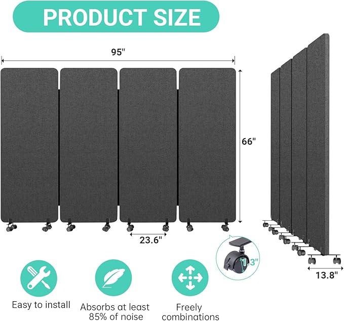 Soundproof Room Divider W/Wheels, 66in Office Dividers for Sound Proofing & Reducing, Sound Proof Dividers for Office Partitions Portable Acoustic Wall Divider (Dark Grey, 4 Panel-95''Wide)