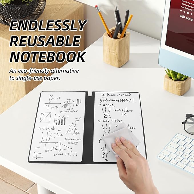 Reusable A5 Dry Erase Notebook Include a Wipeable Pen and Rag,9.4x6.5 Inch Erasable Notebook Whiteboard Notebook,Wipeable Notebook PU Hardcover for Office and Taking Notes(Pink)