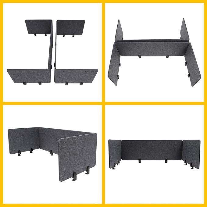 Desk Dividers, Clamp-On Mounted Acoustic Tabletop Privacy Screen - Reduce Noise & Visual Distraction, Polyester Fiber Office Cubicle Public Place Partition, 2x47.25" & 4x23.6" Panels, Anthracite Grey