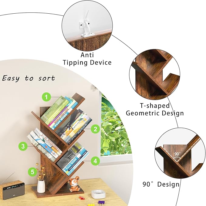SHEEPAM 5 Tier Tree Book Shelf, Small Desktop Bookshelf with Storage Organizer, Wood Bookcase, Desk Display Bookshelves, Floor Standing Organizer Bookcases for Living Room,Bedroom,Office-Brown