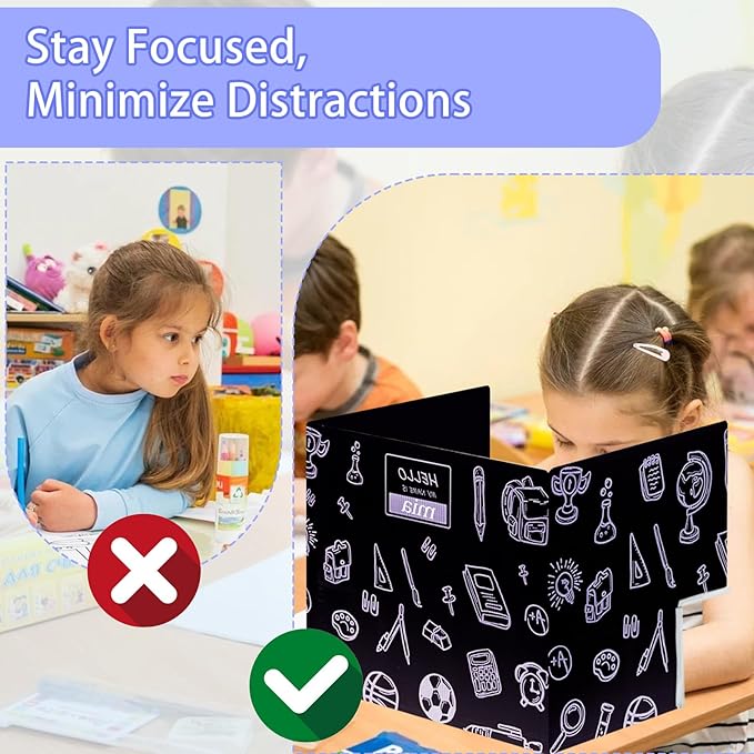 25-Pack Desk Dividers for Students with Privacy Shields, Ergonomic Arms Cutouts & Erasable Name Frames - Waterproof & Easy-to-Clean Test Dividers for Classroom, Exams, Office (Black)