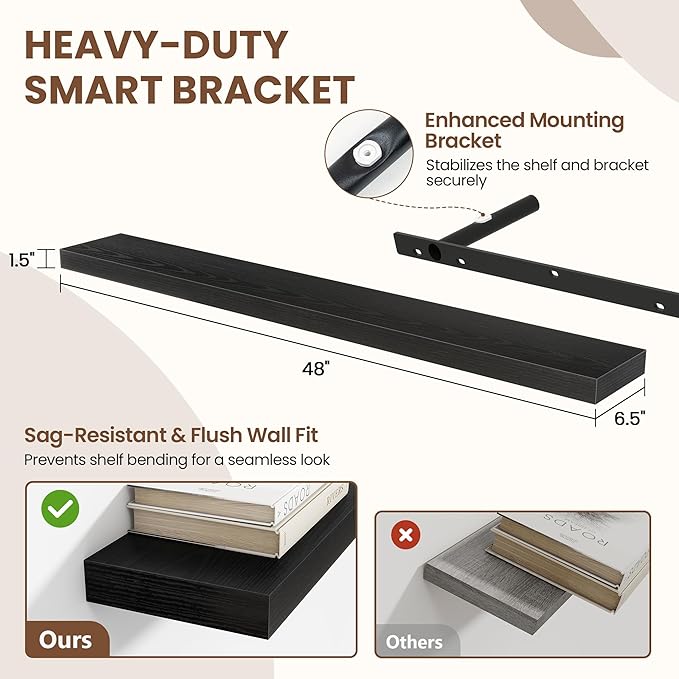 Acovy 48 Inch Floating Shelves for Wall 2 Pack, 48" Wall Shelves for Books, Storage, Decor, Wall Mounted Floating Shelf with Invisible Brackets for Kitchen, Living Room, Black