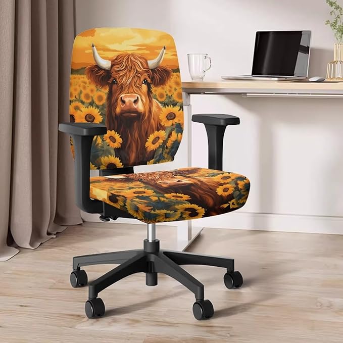 Highland Cow Office Chair Covers Stretchable Desk Accessories Universal Split Rotating Swivel Chair Slipcover Protector Computer Office Chair Seat Cover 2 Piece Office Gifts for Women Men