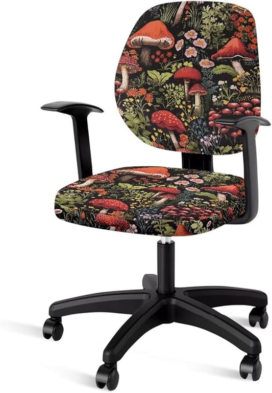 Mushroom Computer Chair Covers Stretchable Office Chair Cover Flower Desk Chair Seat Cover 2 Piece Decorative Universal Slipcover for Rotating Chair,Swivel Chair Protector Cover Black
