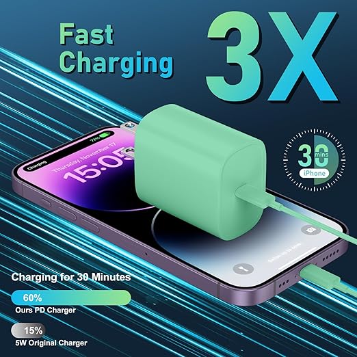 Phone 14 13 12 11 Fast Charger,10FT Long Phone Chargers Fast Charging Lightning Cable with 20W USB C Charger Block for Phone 14/14 Pro Max/13/13 Pro Max/12/12 Pro Max/11/11Pro/XS/Max/XR/X,Pad,Green