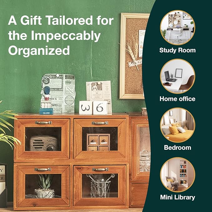 Modular Stackable Set of 3 Desktop Drawers Display Organizer - 6-Drawer Wood Organizer for Desk - Vintage Countertop with Clear Doors - Organizer Box for Card Catalog, Collectibles Storage