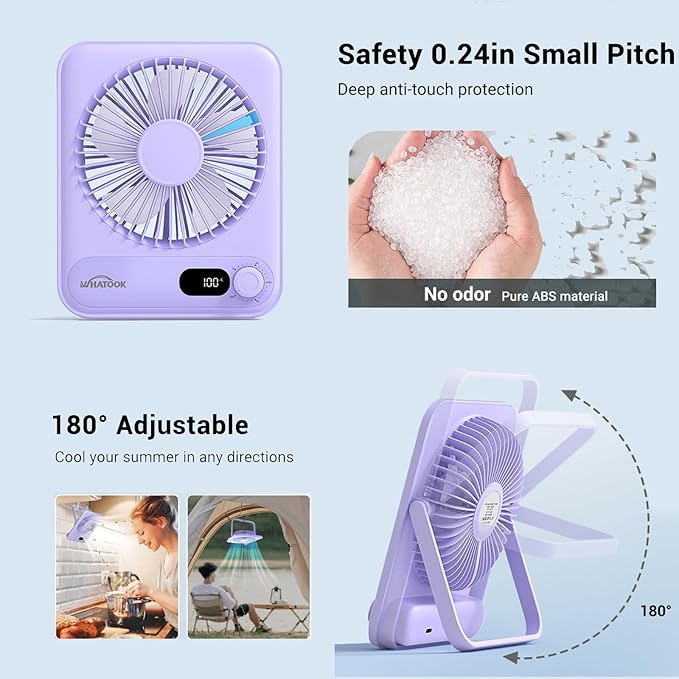 WHATOOK Desk Fan 2 Pack: 100 Speeds Stepless Control 2000mAh Battery Operated Portable Fan, Rechargeable Table Fan for Cruise Ship Essentials, Gift for Couples, Dorm, Office, Bedroom(Black and Purple)