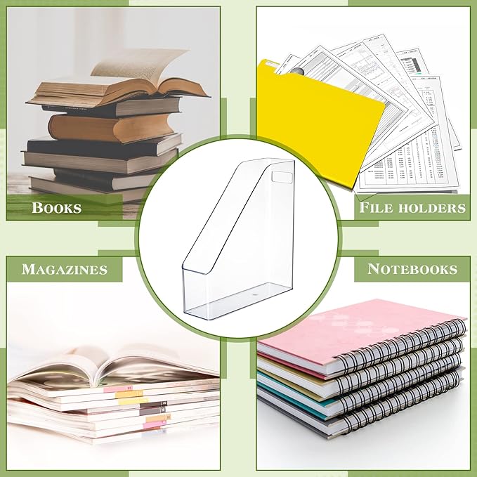 12 Pcs Clear Acrylic Magazine File Holder Plastic Desk Organizer with Handle Basics Vertical Magazine Rack Desk Folder Document Storage Organizer for Home Office School Work Study Desktop Supplies