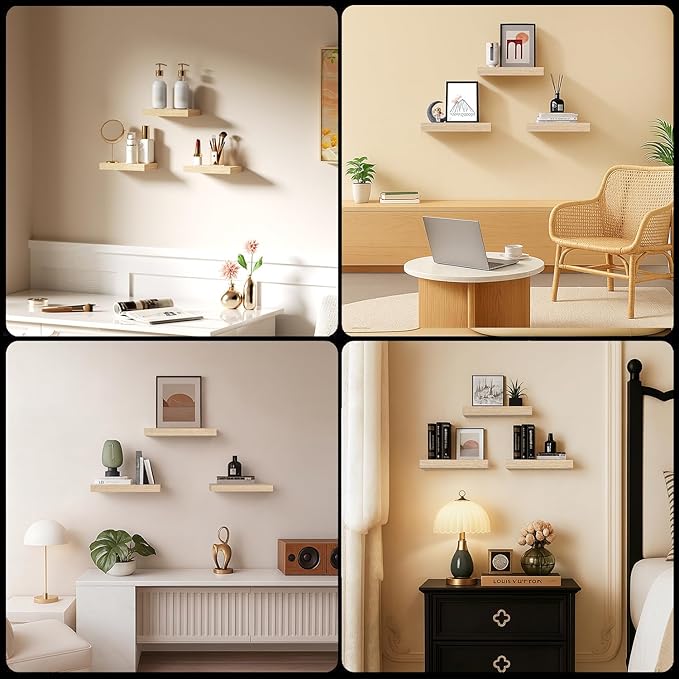Floating Shelves, Oak Wooden Set of 3 Wall Mounted Bathroom Shelves Over Toilet, Modern Small Hanging Shelves for Bedroom Living Room Kitchen Farmhouse Home Decor, 12" x 7" x 1.5"
