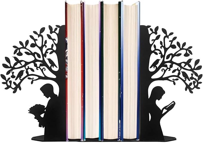 Tree of Life Bookends Decorative Couple Book Ends for Shelves, Black Metal Bookends for Heavy Books, Book Organizer for Desk Bookshelf Home Office Book Stopper Valentines Day Gifts for her