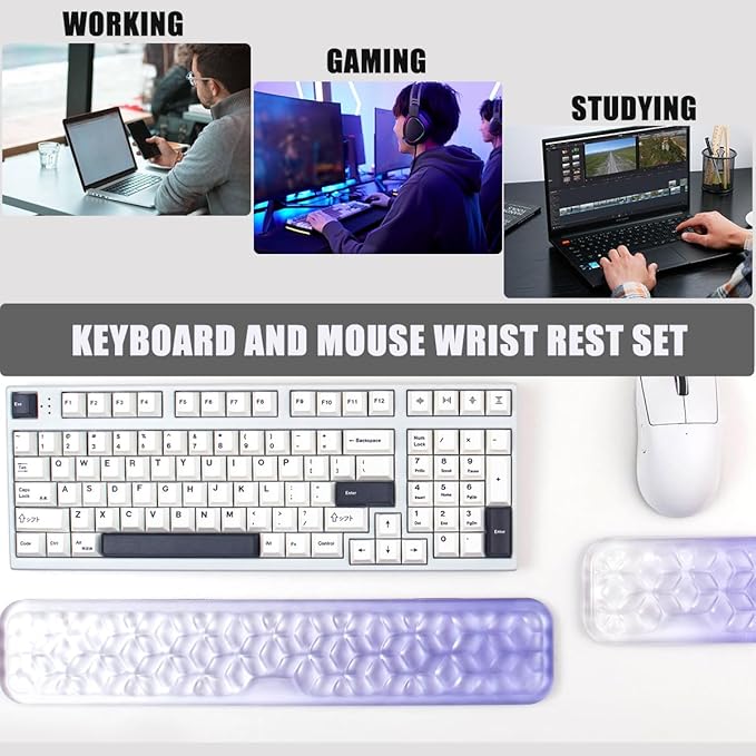 Gel Keyboard and Mouse Wrist Rest Set – Water Ripple Wrist Rest for Computer Keyboard 60%/68%/75%, Comfort & Support for Typing and Gaming (Purple Gradient)