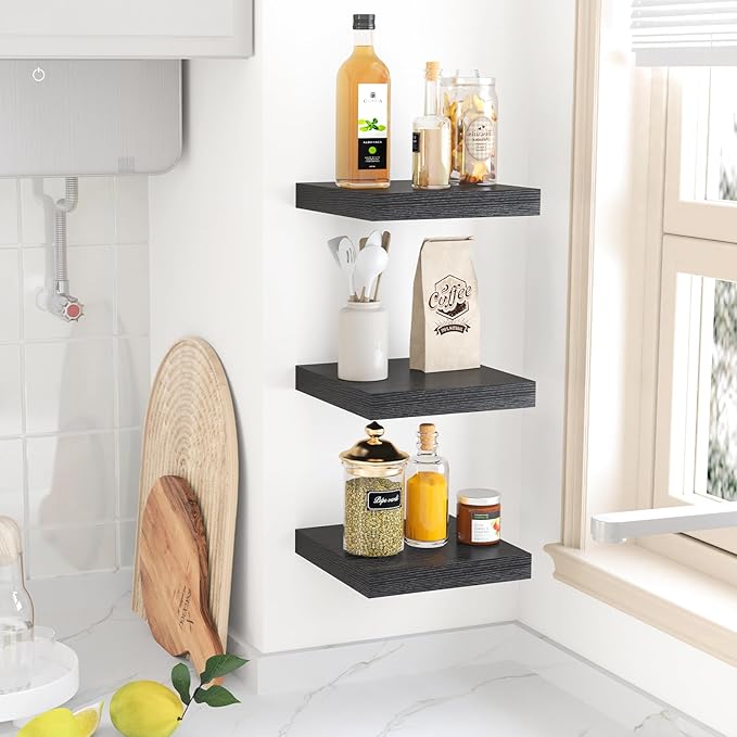 Fixwal Floating Shelves for Wall, 8 Inch Small Black Shelves Wall Mounted Shelf for Bathroom, Living Room, Bedroom, Kitchen Decor (Set of 3, 8x8)