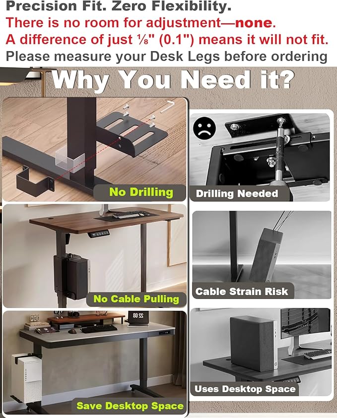 Under Desk PC Mount - No Drilling 40 lb Capacity, CPU Holder Under Desk, Adjustable Height and Width, Clamp-on Desk Leg PC Mount for Standing Desk (Fits 80mm×50mm Legs only), with Non-Slip Pads, White