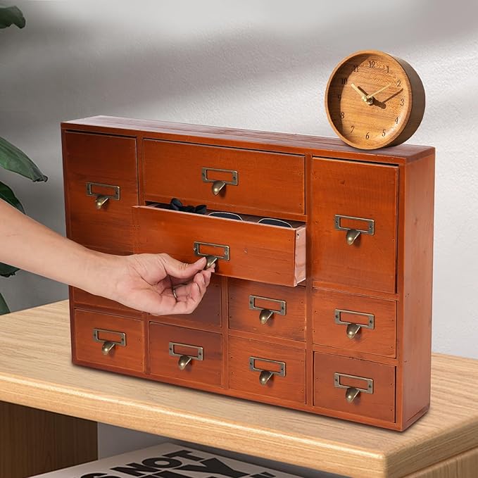 Vintage Desktop Apothecary Cabinet with 12 Drawers,Wood Desktop Organizers Stackable Drawers Desktop Chest Drawer for Herb Storage,Tea Collection,Stationery (12 Drawers,Brown)
