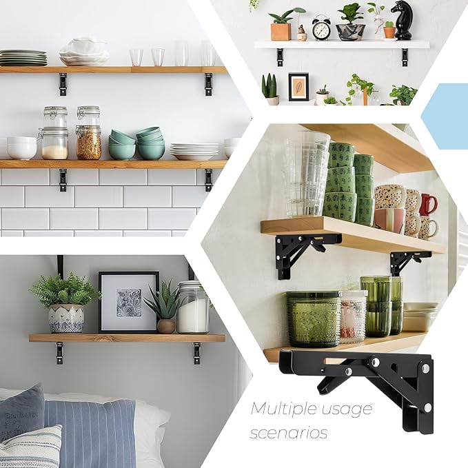 Home Expert 6 Inch Folding Shelf Brackets, 6 Pack (3 Pairs) Heavy Duty Metal Collapsible Wall-Mounted Brackets, Space-Saving DIY Foldable Shelf for Benches and Tables, Matte Black