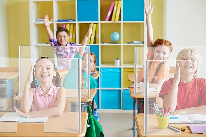 M&T Displays Foldable Sneeze Guard with Slot Cough Barrier Protective Shield Portable Student Desk Divider Screen Clear Table Panel for School 18x16x9 Inch