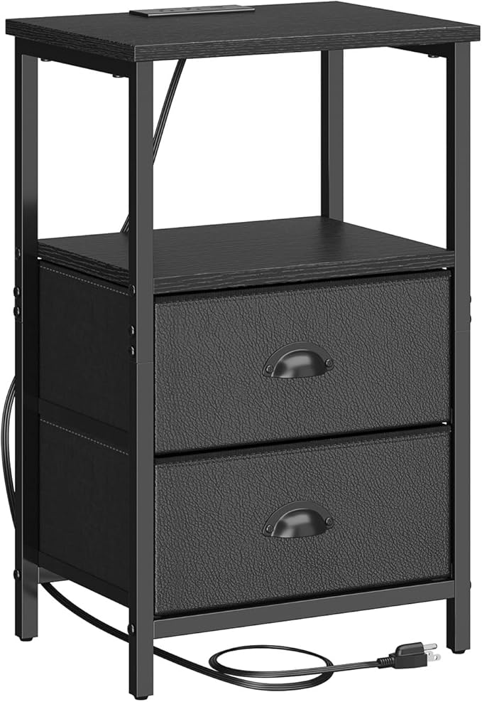 sthmec Nightstand with Charging Station, LED Night Stand Set 2, Bedside Table End Table Set of 2, Bedroom Table with 2 Fabric Drawers PU Finish, 3-Tier Storage Side Table for Bedroom,Black