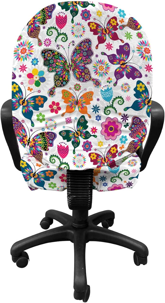 Ambesonne Butterfly Office Chair Slipcover, Sixties and Seventies Inspired Complex Image with Floral Elements and Butterflies, Protective Stretch Decorative Fabric Cover, Standard Size, White Pink