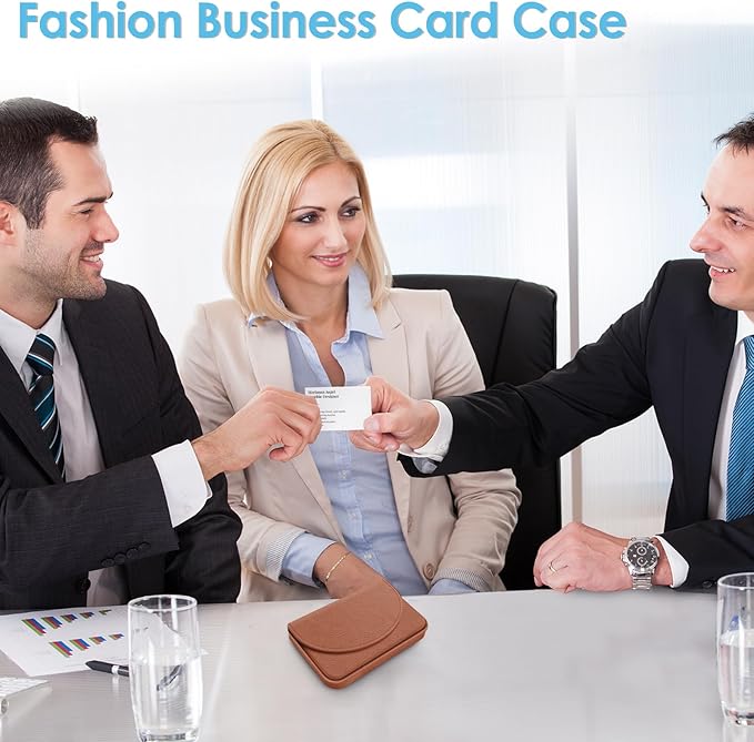 Business Card Holder，PU Leather Business Card Case Color Printing Pattern Card Holder Wallet，Pockets Magnetic Credit Card Holders for Men and Women，Light Brown