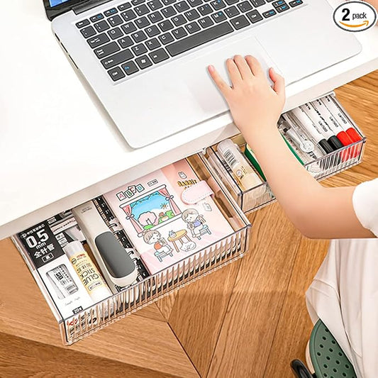 2Pcs Under Desk Storage Drawers Slide Out,Large&Medium,Stick On Drawers,Under Desk Organizer Hidden Under Table Drawer for Home Office School Organization and Storage-Clear White