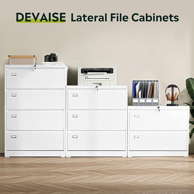 DEVAISE Metal Lateral File Cabinet with Lock, 3 Drawer Filing Cabinet with Business Card Holder, Suitable for Home Office School Hanging Files Letter/Legal/F4/A4 Size, White